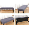 A dark gray elastic stool cover used for living room seating, shown in multiple angles.