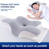 A gray memory foam contour neck pillow is shown with a woman sleeping on it, emphasizing butterfly neck protection.