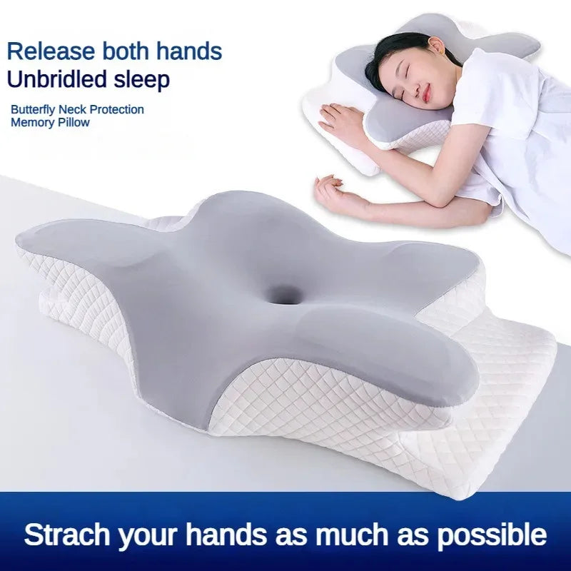 A gray memory foam contour neck pillow is shown with a woman sleeping on it, emphasizing butterfly neck protection.