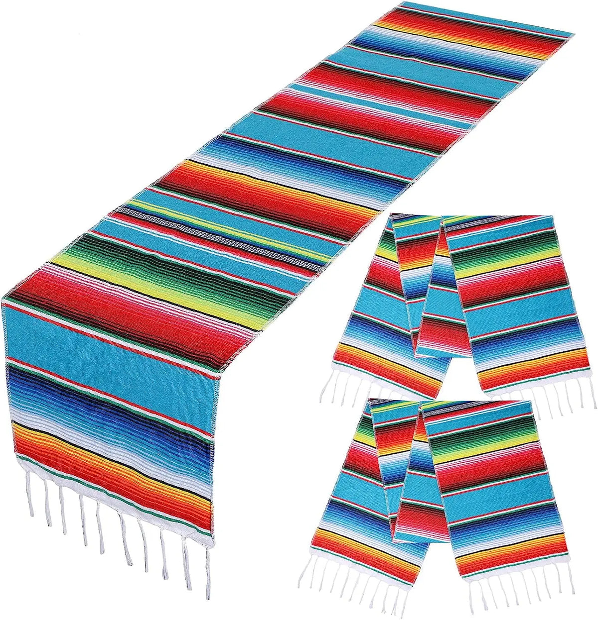 A vibrant Mexican sarape table runner featuring colorful stripes and fringed edges.