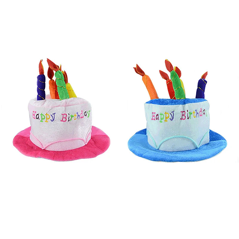 A set of colorful birthday candle hats with striped toppers and pink and blue fabric bases for party decoration