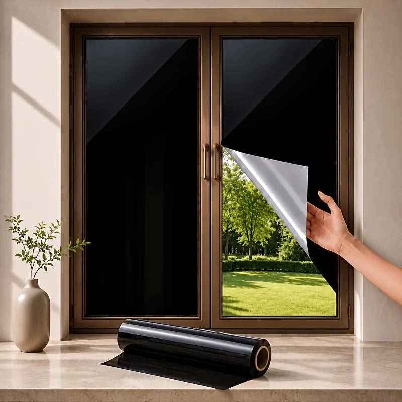 A hand holds a roll of reflective mirror window film next to a dark-framed window.