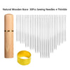 Natural wooden box containing 30 sewing needles and a thimble for a precision self-threading kit
