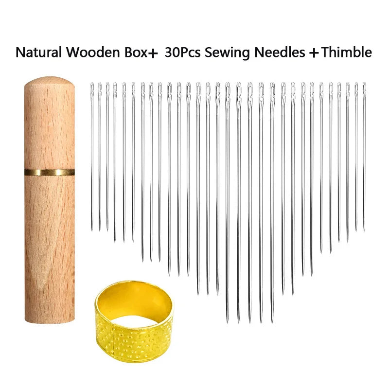 Natural wooden box containing 30 sewing needles and a thimble for a precision self-threading kit