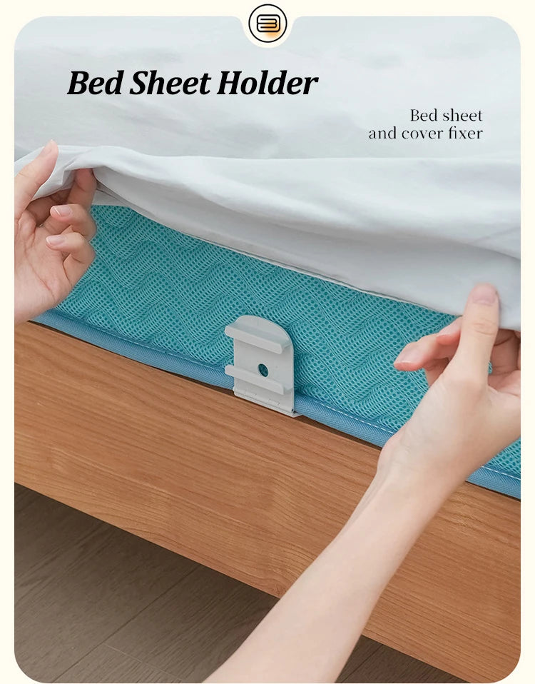 Hands are shown installing a Bed Sheet Holder, which is a bed sheet and cover fixer, onto a mattress.