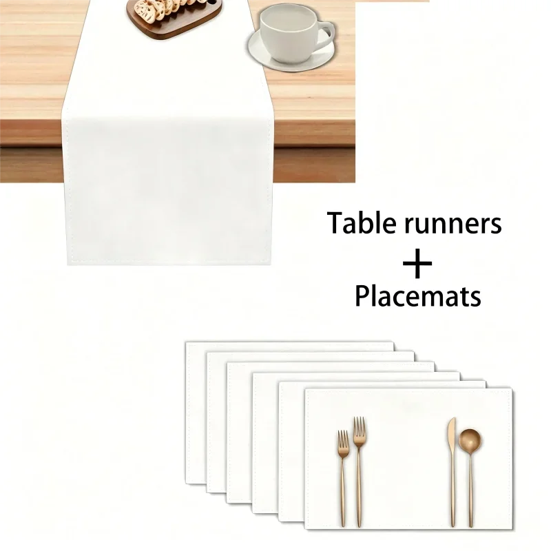 White minimalist geometric table runners and placemats with gold cutlery