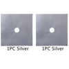 Two square silver metal plates, each with a circular hole, used as stove burner protectors.