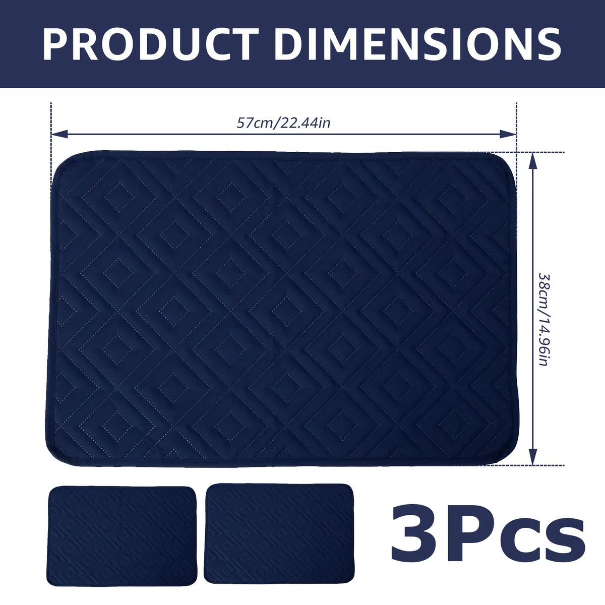 Three dark blue quilted headrest protector covers with dimensions 57cm by 38cm