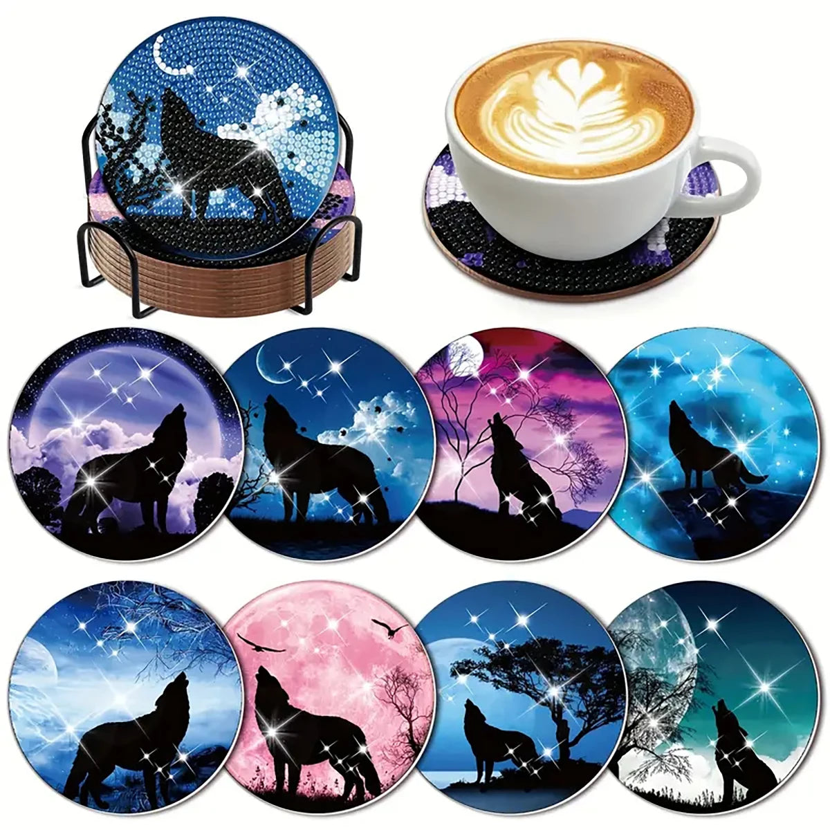 A set of diamond painting coasters featuring silhouettes of wolves and other wildlife against a starry night background.