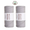 Two spools of gray hollow cotton yarn, labeled with the number 28.