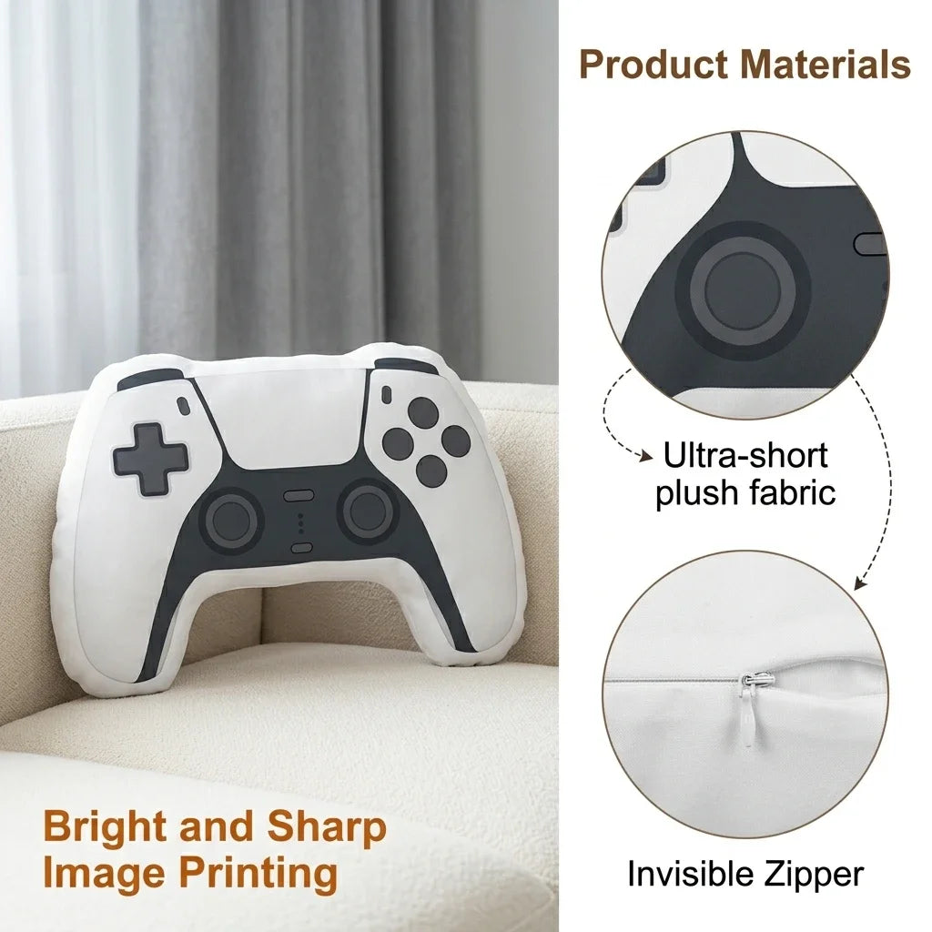 A white gamer controller plush throw pillow with black accents is shown on a light-colored sofa.
