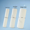 Three sizes of white memory foam neck roll pillows shown side by side: small, medium, and large.