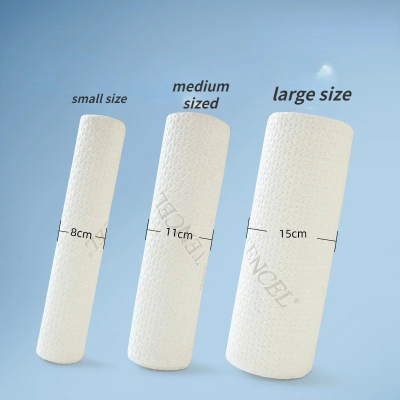 Three sizes of white memory foam neck roll pillows shown side by side: small, medium, and large.