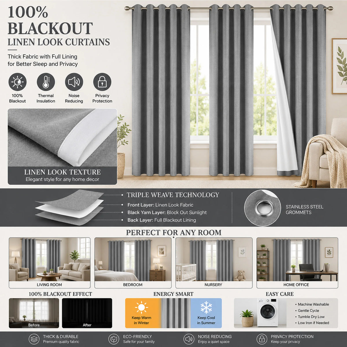 Set of four linen textured blackout curtains with stainless steel grommets for a window