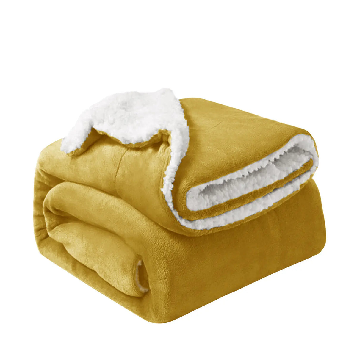 A golden yellow sherpa fleece blanket rolled up, showing its fluffy white trim.