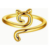 A gold-colored adjustable crochet tension ring for knitting with a cat head design.