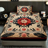 A floral print fitted sheet set with pillowcases featuring red, pink, and cream patterns on a beige background.