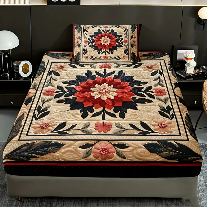 A floral print fitted sheet set with pillowcases featuring red, pink, and cream patterns on a beige background.