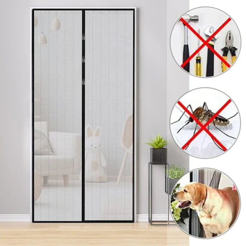 A pair of sheer white automatic mosquito net curtains installed on a glass door, with warning icons indicating insects and pe