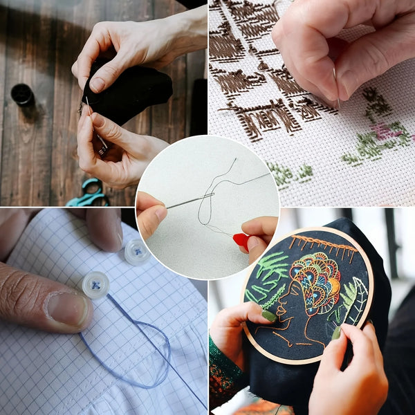 Close-up shots showing hands using stainless steel sewing needles for various crafting and sewing tasks.