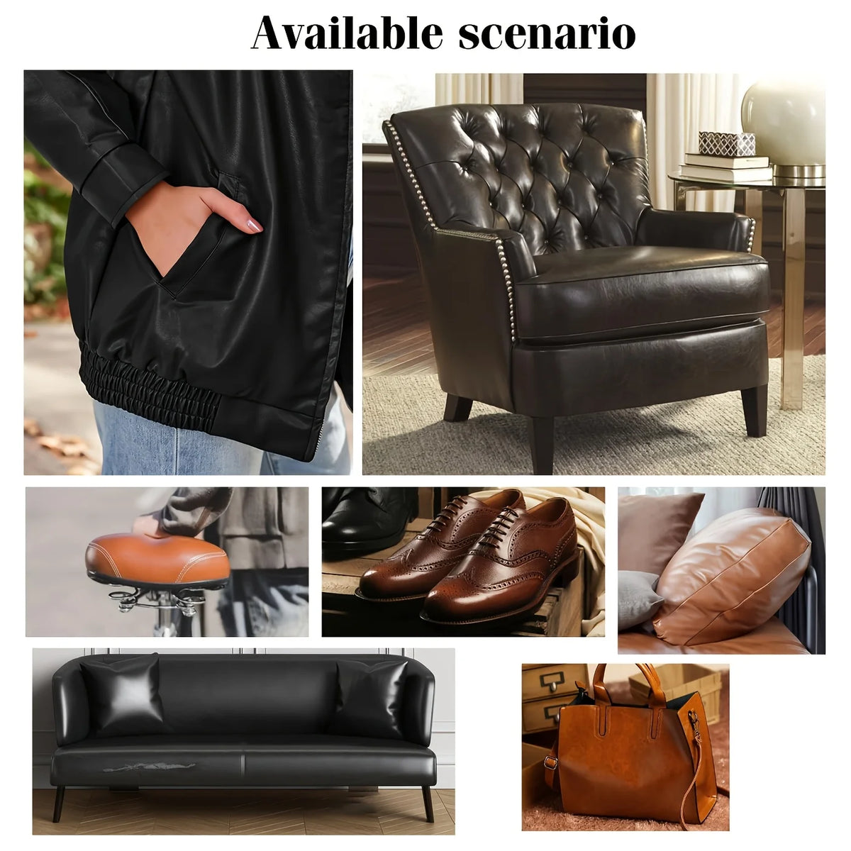 Various scenarios showing heavy duty self-adhesive leather repair tape used on clothing, furniture, and bags.