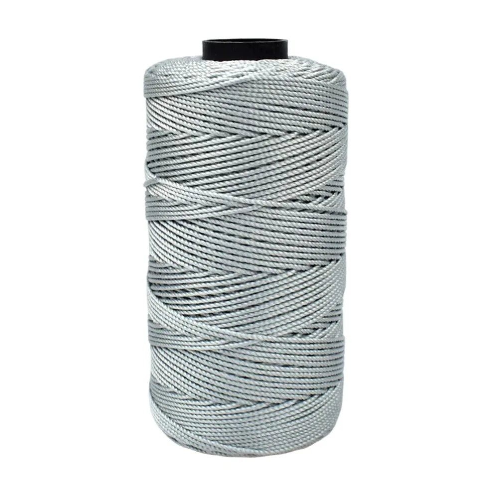 A spool of gray cotton silk thread for knitting and crafting.