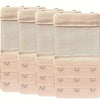 A pack of four beige silicone bra strap extenders with adjustable clips.