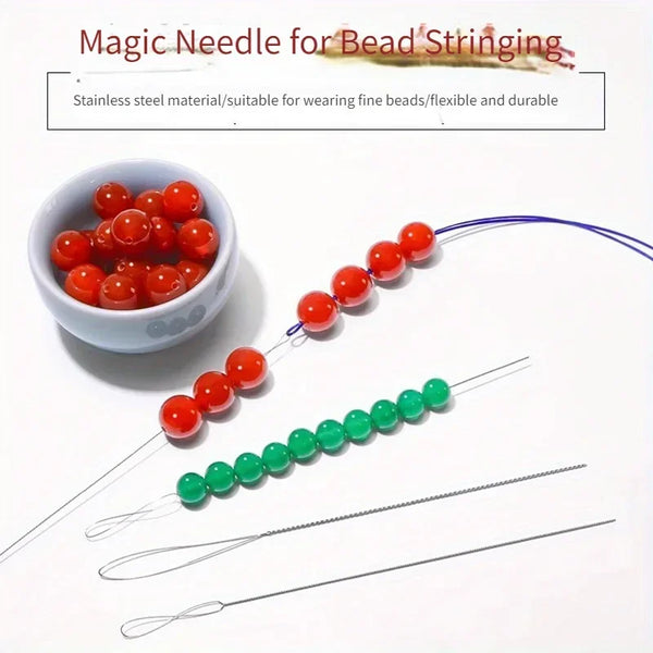 A set of stainless steel bead needles used for stringing beads, shown with various colored beads.