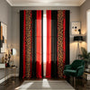A pair of modern leopard print curtains in black and red hang in a living room setting.