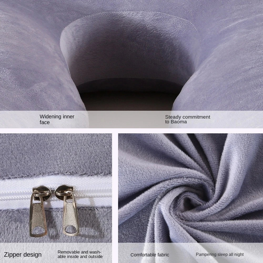 U-shaped maternity body pillow showing its features including a widening inner face, steady commitment to Baoma, removable zi