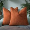 Two burnt orange linen textured throw pillows resting on a light gray sofa with green foliage in the background.