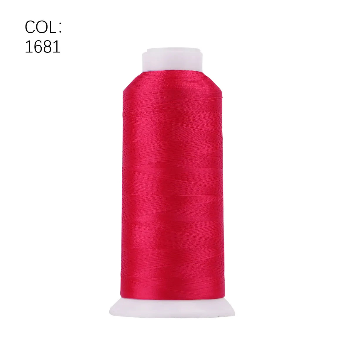 A roll of vibrant magenta polyester embroidery thread labeled COL: 1681