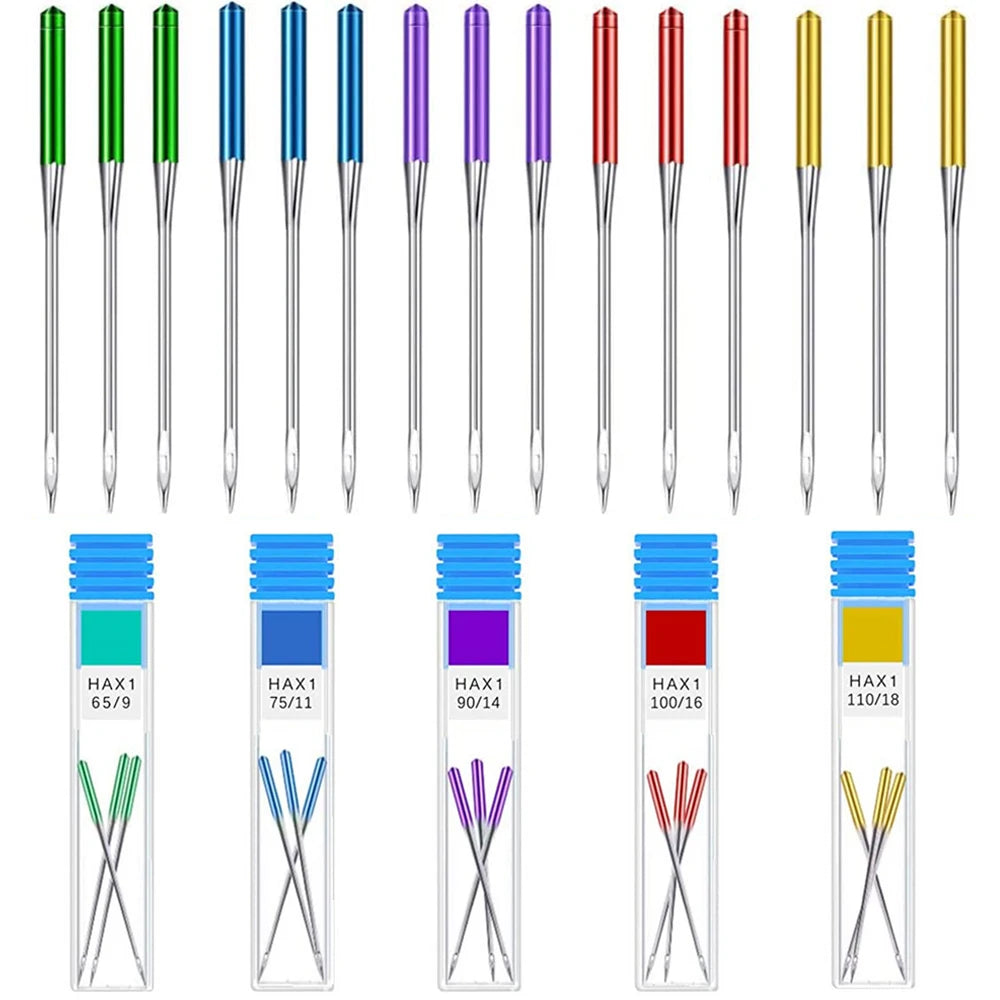 A set of precision sewing machine anti-jump needles in various colors and sizes displayed vertically.