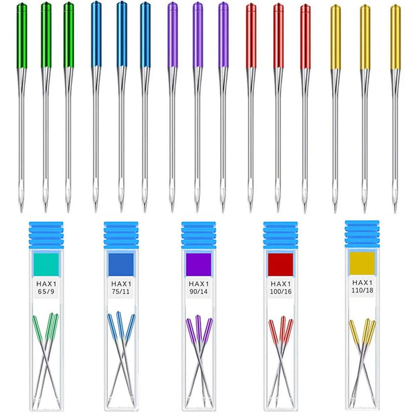 A set of precision sewing machine anti-jump needles in various colors and sizes displayed vertically.