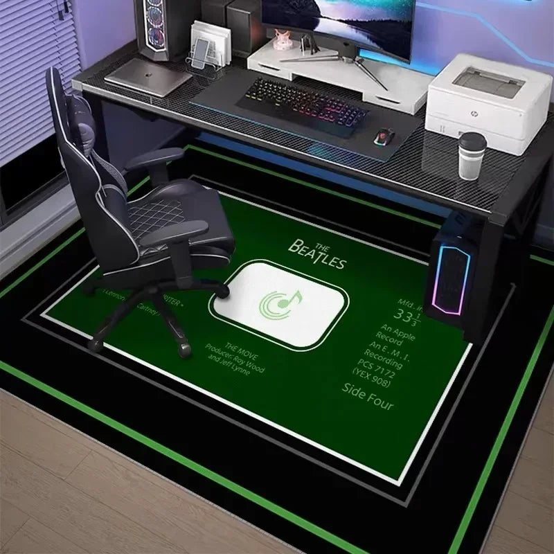 A black gaming area rug with a neon hexagon design and non-slip backing is displayed on a desk.