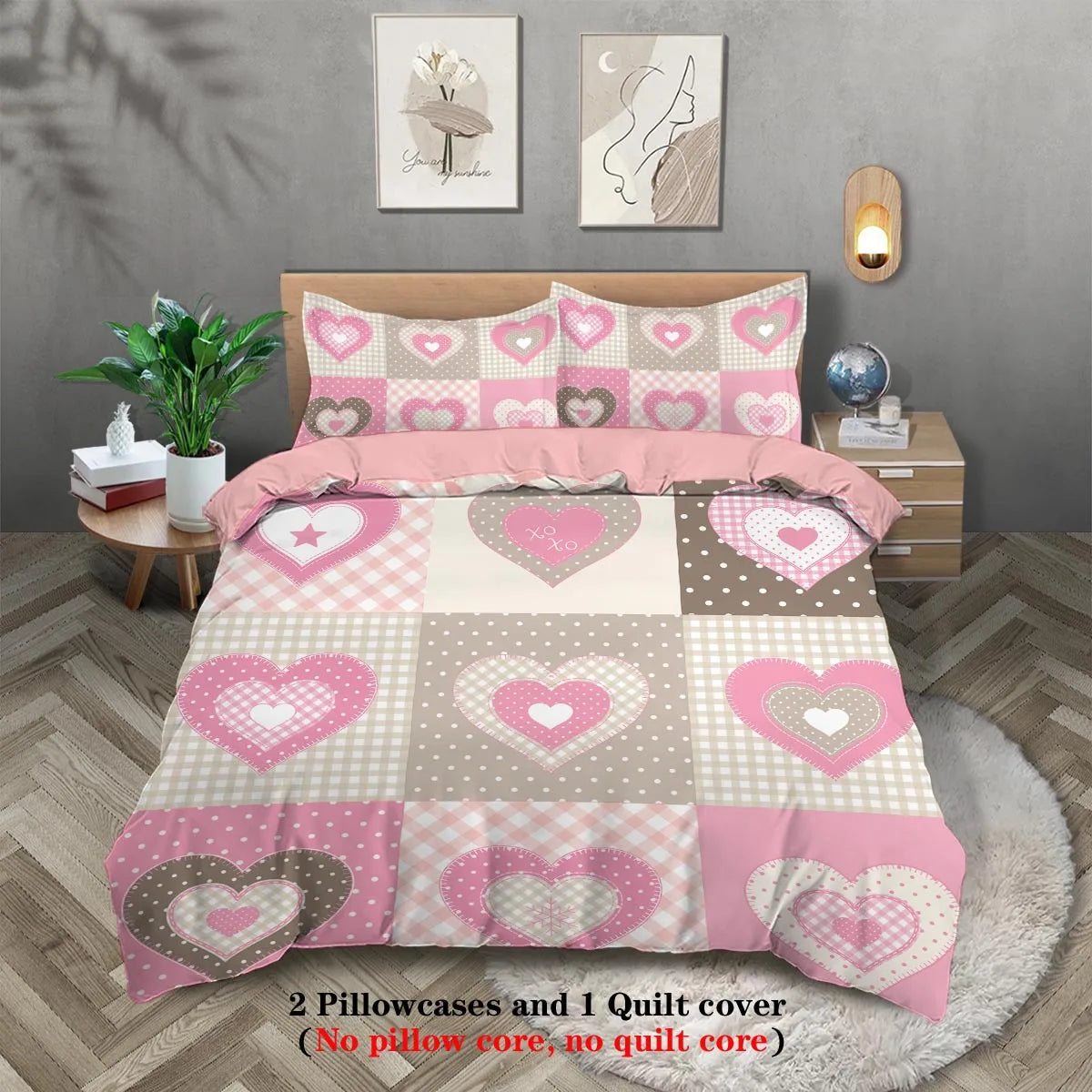 Pink and beige heart patterned quilt cover set with two pillowcases displayed on a bed.