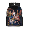 A black canvas backpack featuring a large graphic print of several women in a street or urban setting.