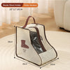 A beige portable boot storage bag with a carry handle is shown on a light rug.