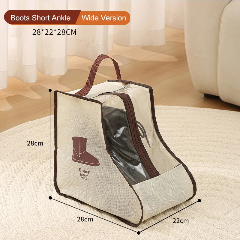 A beige portable boot storage bag with a carry handle is shown on a light rug.