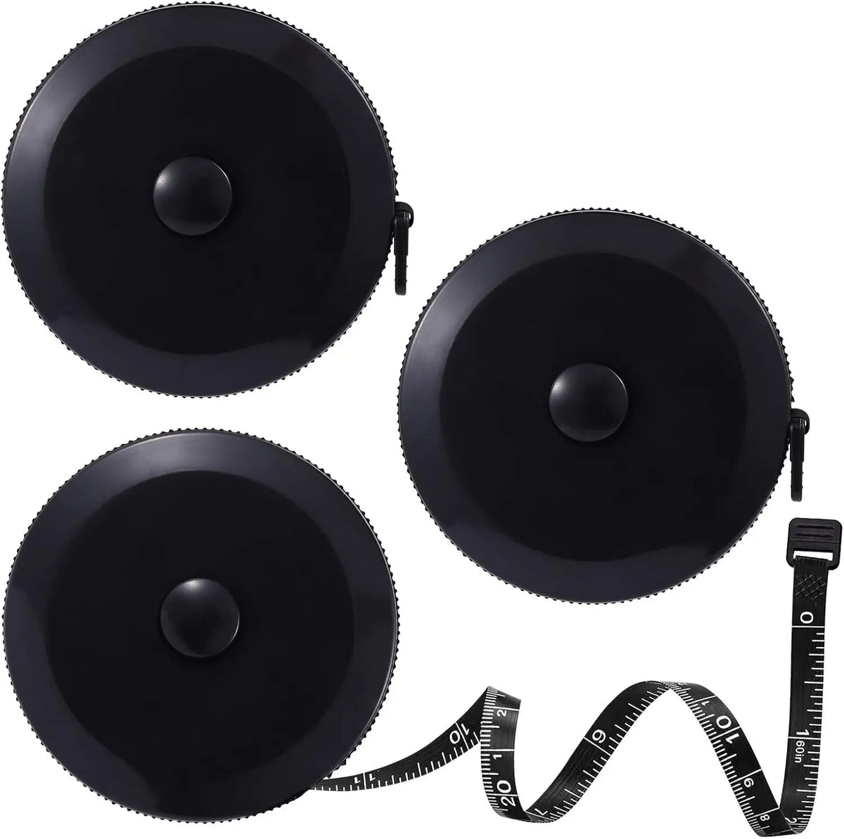 A set of two black flexible body measuring tapes with a coiled end shown against a white background.