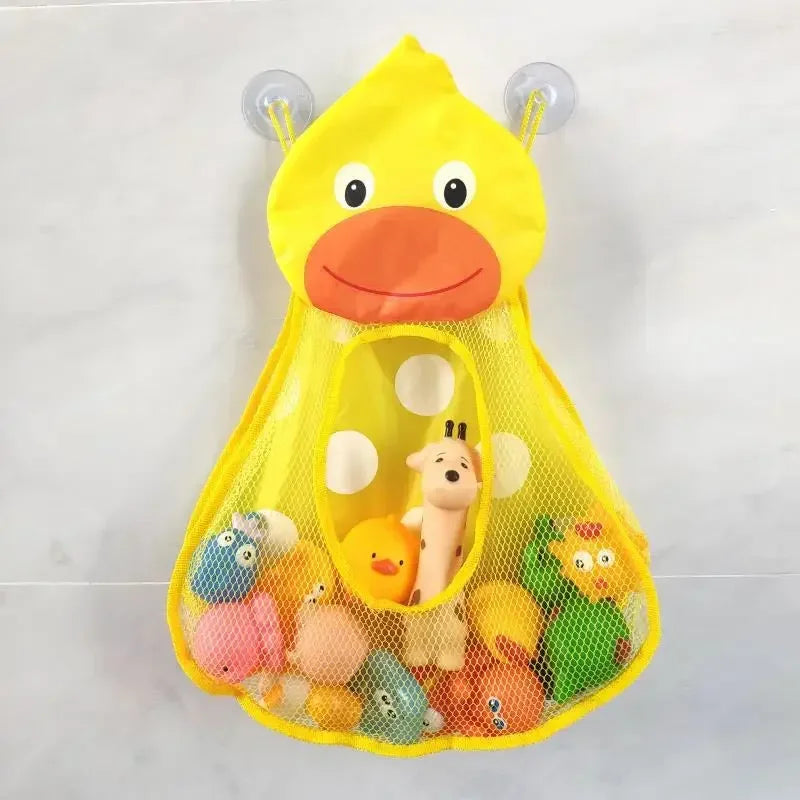 A yellow toddler bath toy organizer bag with a mesh net and two attached ears.