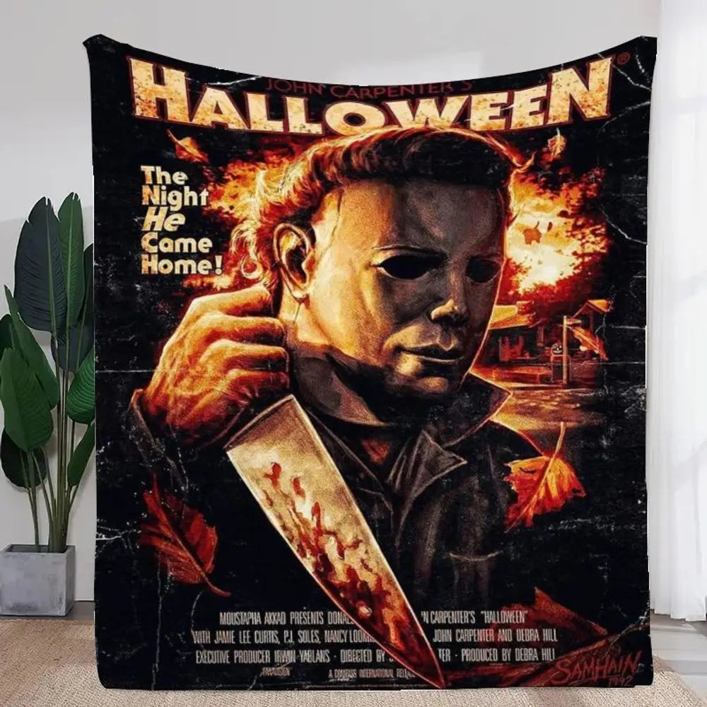 A Halloween themed poster featuring a man with reddish hair and intense expression against a fiery background.