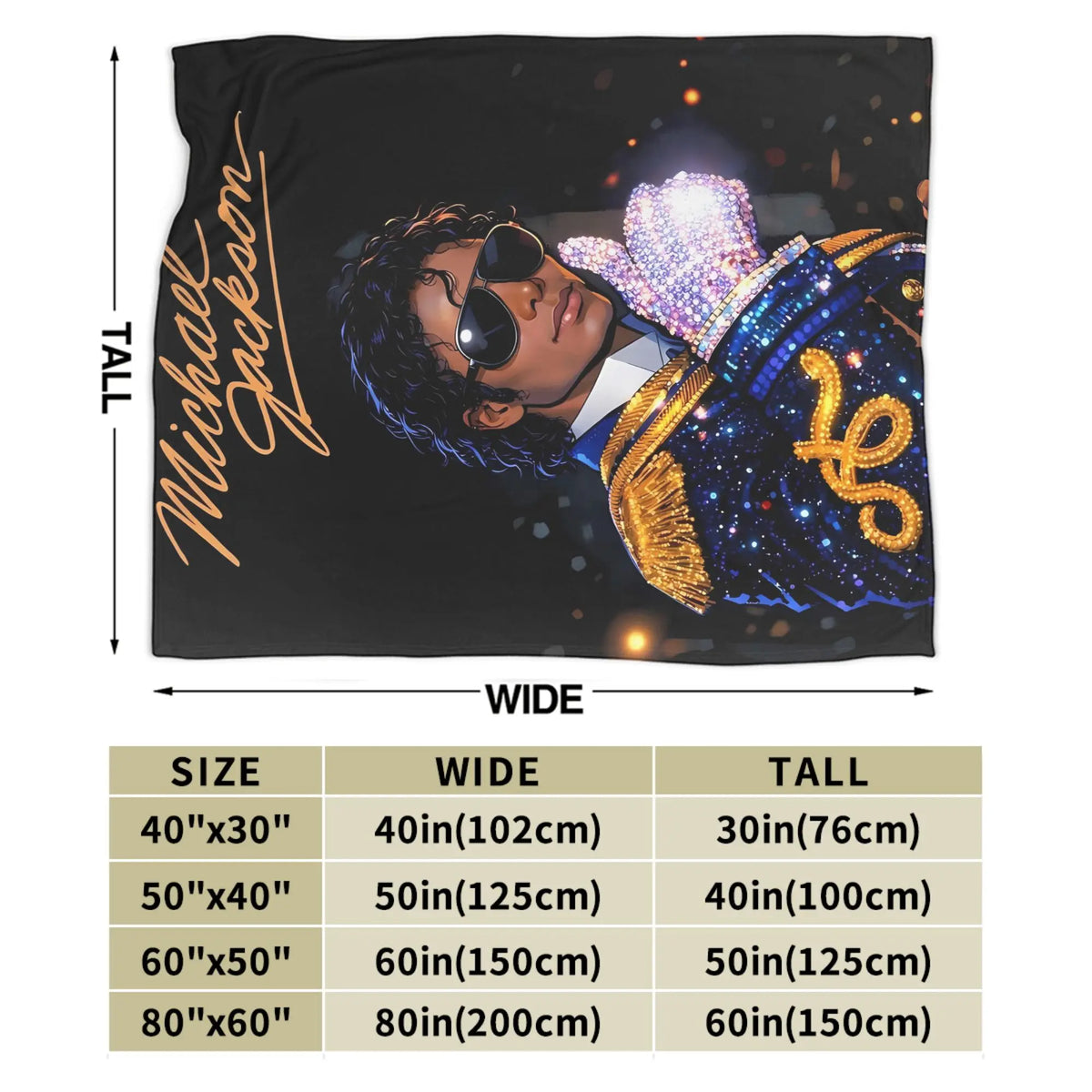 A black graphic plush throw blanket featuring a portrait of Michael Jackson with a sparkling crown.