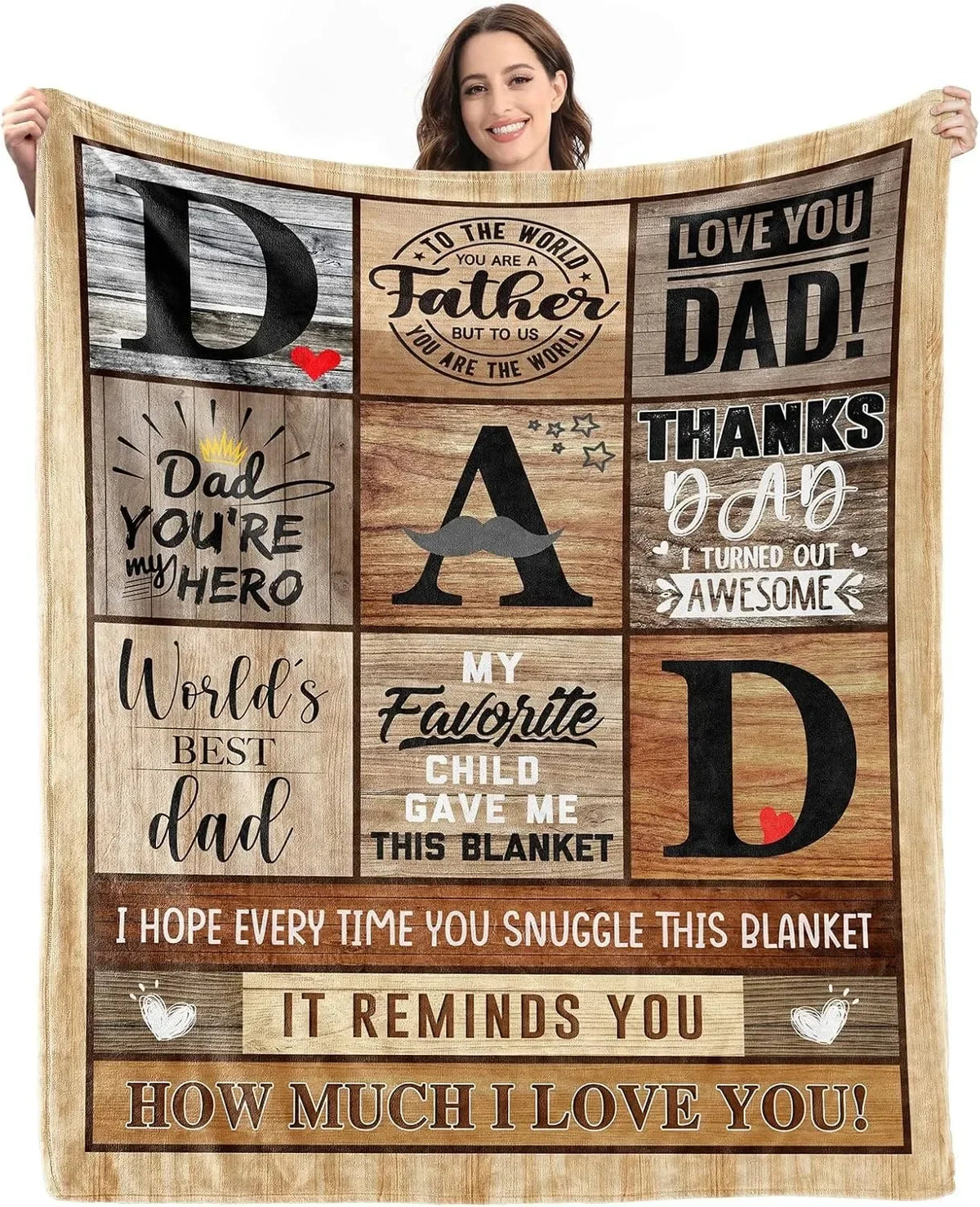 A wooden blanket featuring text celebrating a father with messages like You are a Father, Dad, and how much he is loved.