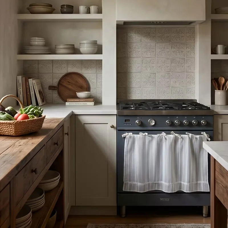 A dark gray kitchen appliance with a white ruffled curtain skirt is visible in a rustic farmhouse kitchen setting.