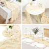 A beige boho gauze table runner draped elegantly on a white tablecloth, used as a decorative fabric.