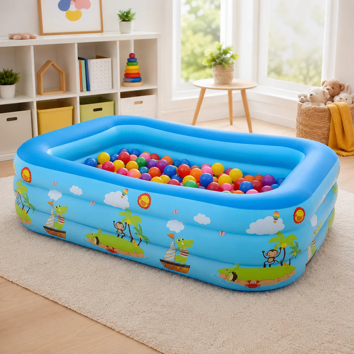 A bright blue inflatable pool filled with colorful balls rests on a cream rug indoors.