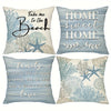 Four decorative pillow covers featuring coastal themes like the beach, home, family, and love in blue and teal tones.