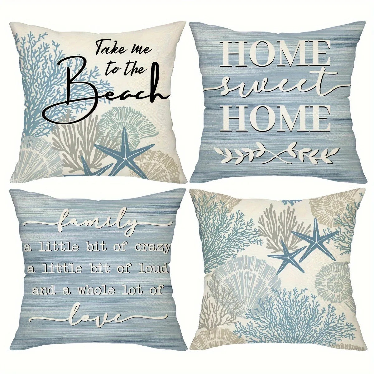 Four decorative pillow covers featuring coastal themes like the beach, home, family, and love in blue and teal tones.