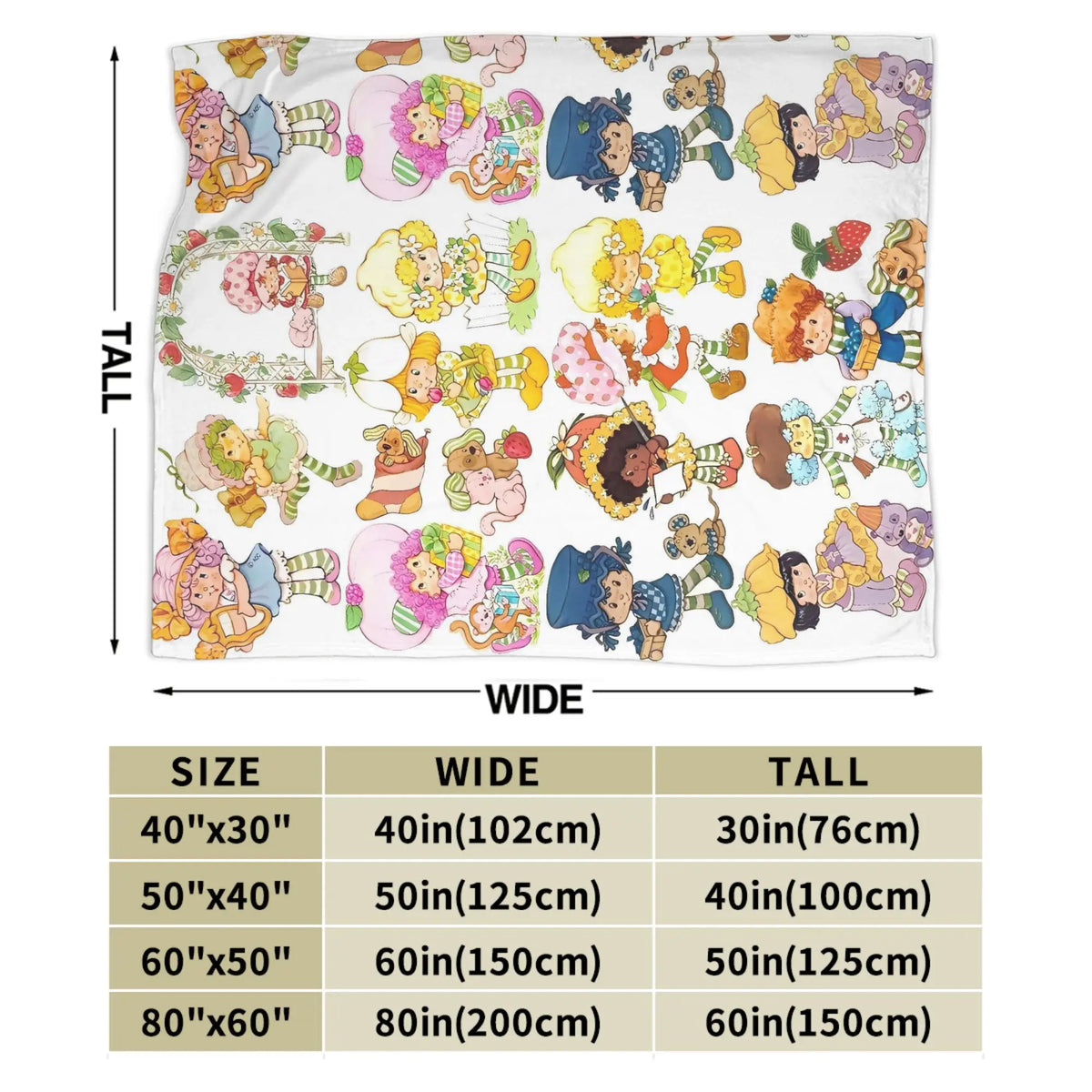 A colorful strawberry shortcake plush throw blanket featuring various cute fruit characters.